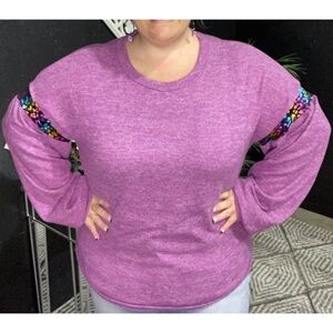 Acting Pro brand Magenta long sleeve rainbow leo arm stripe top
